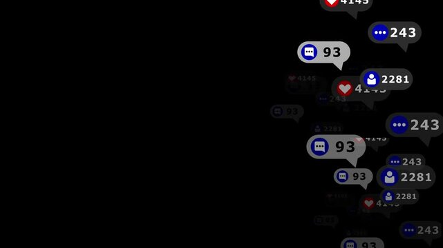 Incoming Heart react and messages icon animated on a black screen background. 4K social media engagement visual