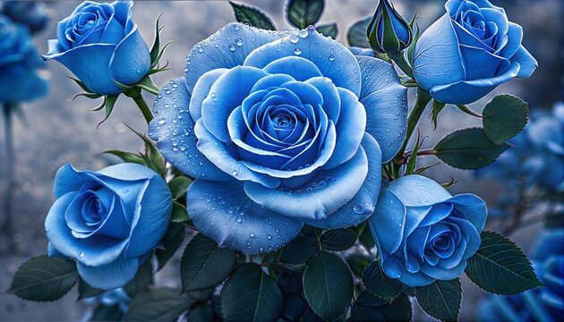A captivating close up of blue roses with water droplets and dark