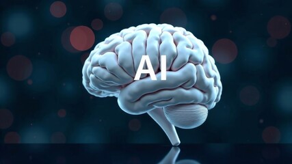 Human brain model with AI text on dark abstract background and glowing circles.
