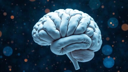 Human brain model on dark abstract background and glowing circles.