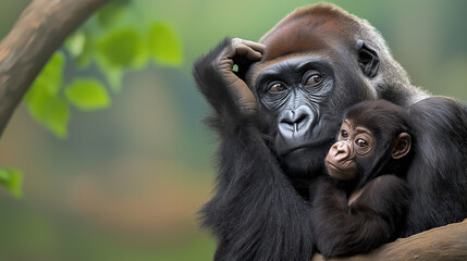 Obraz premium Gorilla mother lovingly embraces her baby in natural setting
