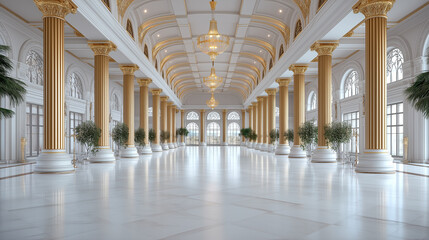 Elegant interior of a grand hall with golden columns and chandeliers