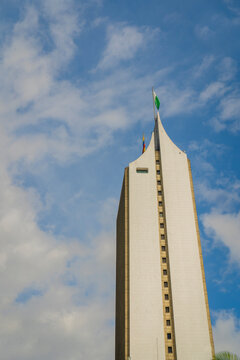 Medellin, Antioquia, Colombia. April 23, 2023.  Coltejer Building, was built on the old theater and the Europa Jun&iacute;n Hotel, beginning in 1968 and ending four years later, in 1972.