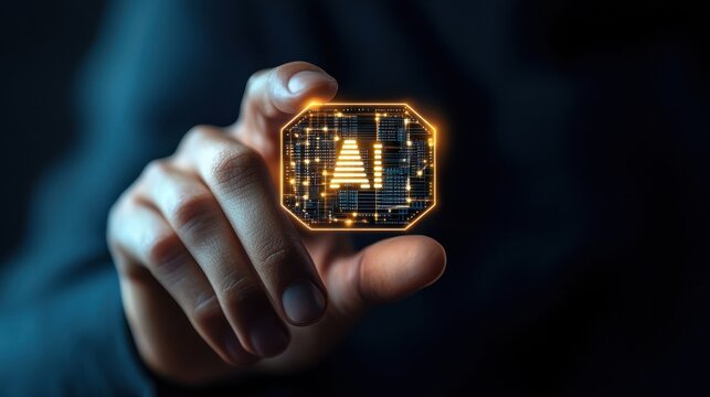 A hand holding a glowing digital chip with circuitry, symbolizing advanced technology or artificial intelligence.