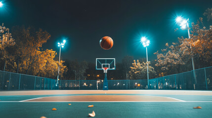 Basketball ball flying towards hoop on empty open court illuminated by bright lights at night with autumn trees in background