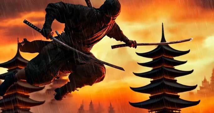 Ninja in Action: A stealthy ninja, clad in traditional attire, leaps through the air amidst a dramatic scene featuring pagodas and a fiery sunset.