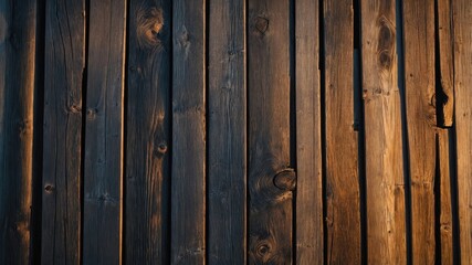 Naklejka premium Wooden wall with varying shades creates a rustic and warm atmosphere in natural light during late afternoon
