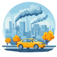 Urban skyline with smog emitting from factories and a yellow car parked on a road lined with autumn trees
