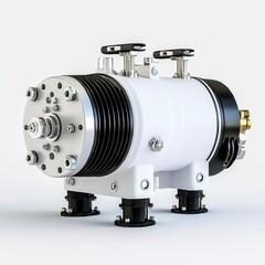 Fototapeta premium Close-up view of a white industrial machine with black accents, ribbed cylindrical components, bolts, fittings, and black handwheels for manufactu