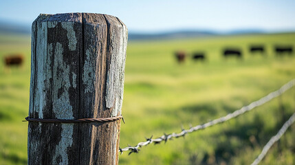 barbed wire fence with wooden post as a pasture fence