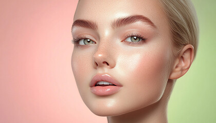 Fototapeta premium Blonde model, for a cosmetics brand, aesthetics and beauty, professional studio photography. A hypnotizing portrait, pink background.