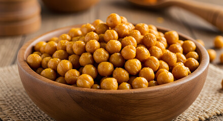 Golden chickpeas roasted with savory spices piled high in wooden bowl on table