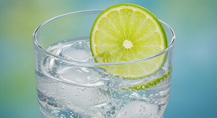 Fototapeta premium Refreshing sparkling beverage with vibrant lime garnish and clear ice cubes