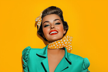 Woman smiling brightly with vibrant makeup and vintage turquoise jacket. Cheerful yellow background accentuates the retro vibe, evoking nostalgia. Concept for fashion, beauty, photography