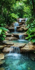 Naklejka premium Serene waterfall cascading through lush tropical forest