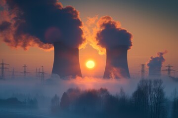 Fototapeta premium Cooling towers releasing clouds of water vapor.