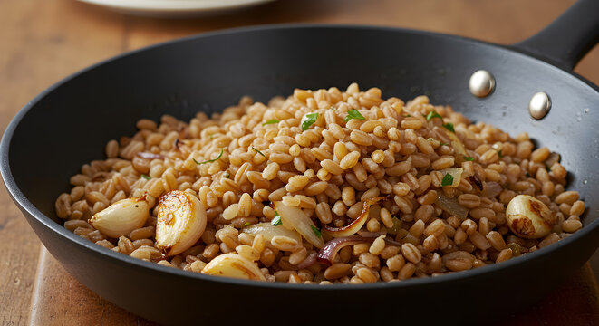 Delicious roasted farro grain dish with garlic cloves and onion in skillet