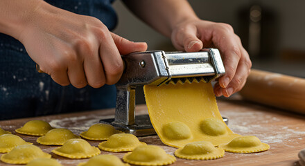 Handmade ravioli creation process using a pasta press on a floured wooden board