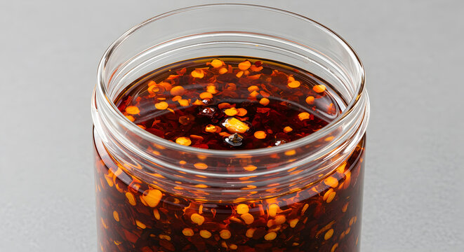 Delicious and fiery homemade chili oil crisp in a glass jar, against gray background