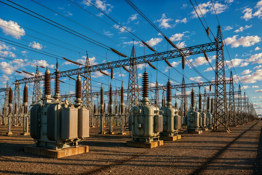 High voltage electrical substation infrastructure with power transformers and transmission lines under clear blue sky at sunset