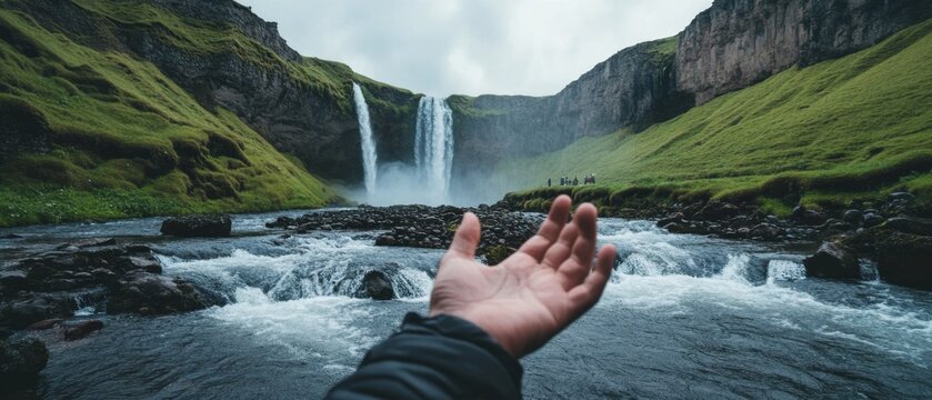 Outstretched hand invites the viewer towards the majestic waterfall set against rugged cliffs, symbolizing an invitation to adventure in untouched nature.
