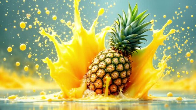 Vibrant image of a pineapple surrounded by a dynamic splash of its juice.