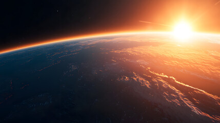 Stunning View of Earth from Space with Sunrise Glowing Over the Horizon and Colorful Cloud Formation