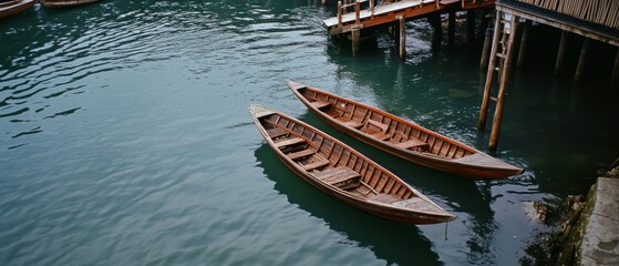 Two rustic wooden boats float peacefully on still water beside a wooden pier, enveloped by the soothing colors of a tranquil dock scene.