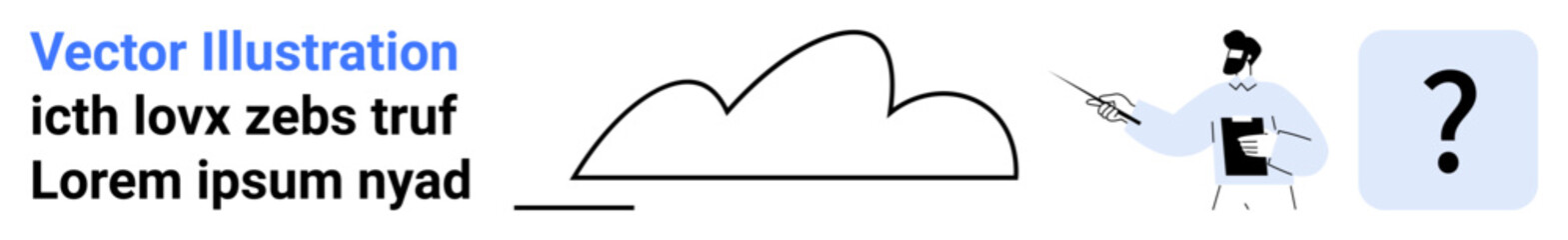 Man holding a pointer presenting near a cloud shape and question mark icon. Ideal for education, brainstorming, creativity, problem-solving, innovation, teaching, simple landing page