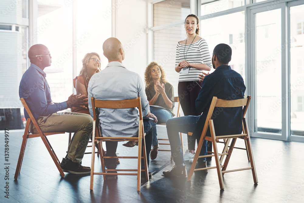 Poster woman, talking and circle for training in office with diversity, meeting and brainstorming for solut
