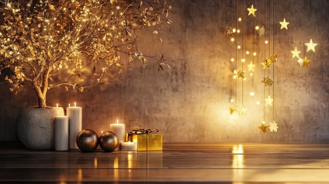 Enchanting festive scene with illuminated tree and wall adorned in gold accents and sparkling stars