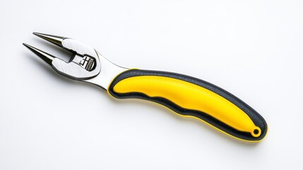Obraz premium Close-up view of durable needle-nose pliers with ergonomic yellow and black handles highlighted against a pristine white background for craftsmanship use