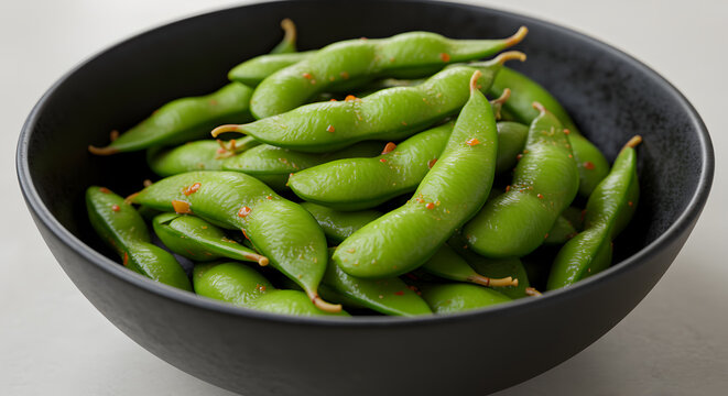 Bowl of Spicy Edamame: A vibrant and appetizing closeup of seasoned soy beans