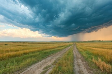 Fototapeta premium Storm clouds gather over a rural dirt road in the late afternoon near expansive grasslands