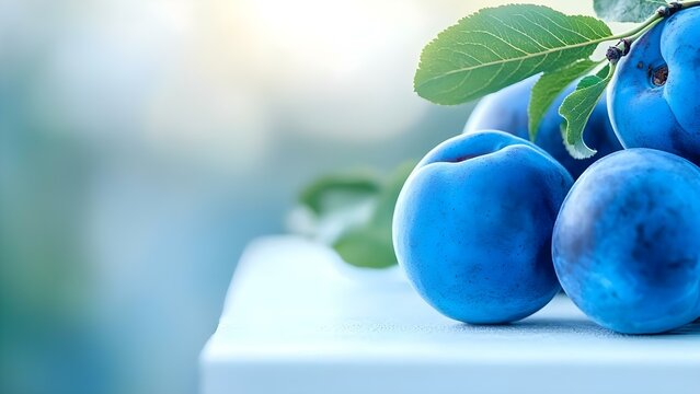 Blue plums with green leaves resting on a surface, showcasing their smooth skin and vibrant color in a soft focus background. Concept Blue Plums, Green Leaves, Smooth Skin, Vibrant Colors