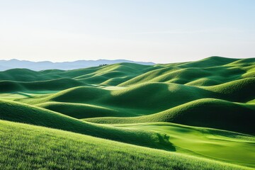 Obraz premium A green golf course nestled amidst rolling hills under clear skies A serene landscape of rolling green hills and manicured fairways .