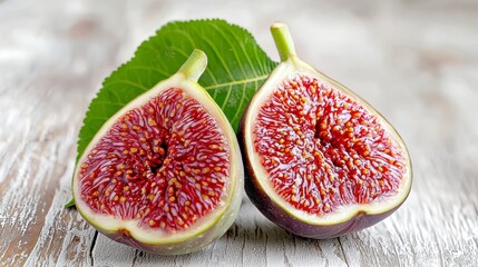 Half-cut fig displayed in high-quality photograph showcasing its juicy inside on a white background for food photography