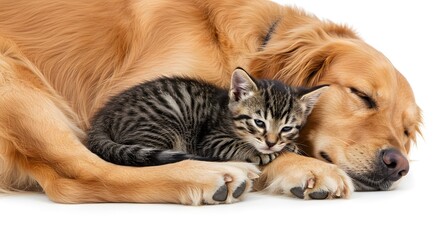 Fototapeta premium A sweet and unexpected friendship is captured in this close-up of a tabby kitten cuddling up with a golden-haired dog, both peacefully asleep.