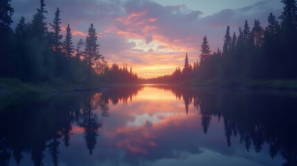 Fototapeta premium The tranquil river scenery illuminated by the sunset glow