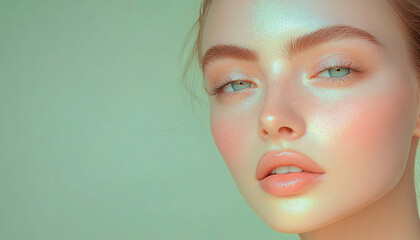 Blonde model, for cosmetics brand,
aesthetics and beauty, professional studio photography. The essence of femininity in a portrait, blue background.