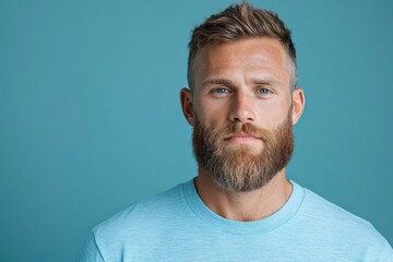 Obraz premium Man with beard and blue eyes poses against a solid turquoise background wearing a light blue shirt
