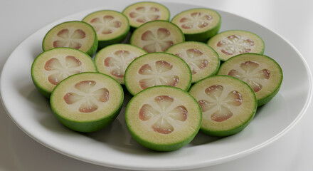 Aromatic feijoa fruit slices arranged on a simple white dish, exhibiting its fresh texture