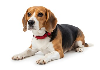 Beagle dog lying down with a red collar on a white background.