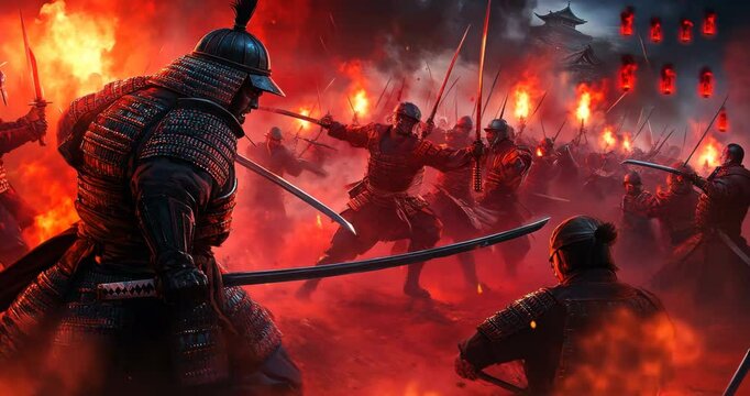 Samurai Battle in Flames: An epic clash unfolds amidst a fiery battlefield, with fierce warriors locked in intense combat.
