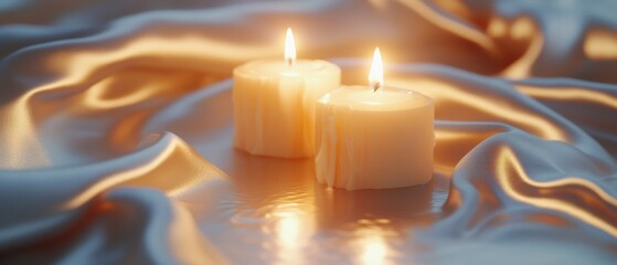 Two ivory candles radiate a soft glow, surrounded by flowing golden silk fabric, evoking warmth and serenity.