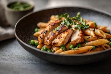 Fototapeta premium penne pasta covered in a chipotle cream sauce and mixed in with small green peas all topped of with sliced chicken thighs.