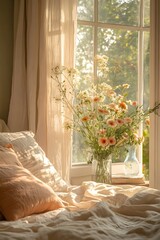 Sunlight shines through the glass windows into the cozy bedroom