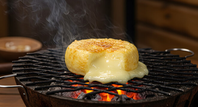Sizzling provoleta cheese on a barbecue grill, melted to perfection Argentinian treat