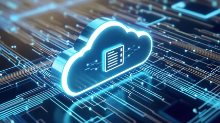A futuristic cloud symbol overlaid on digital circuitry, representing cloud computing and data storage technology.