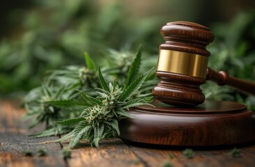 Cannabis Legal Proceedings Gavel And Buds On Wooden Table